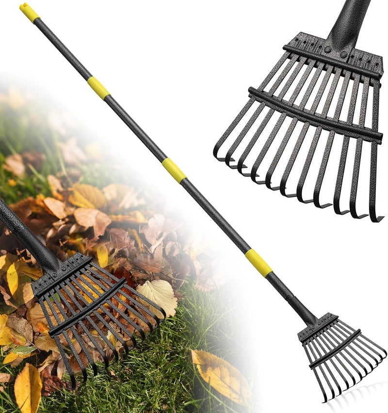 Lilyvane Rake for Leaves: Small Metal Garden Rake, 8.5" Wide, 11 Metal Tines,Heavy Duty Lightweight Kids Leaf Rakes for Small Lawn Yard Shrub,Tight Spot Garden Bed Leaf Debris Picking Cleaning, 60” Long Handle - Image 1